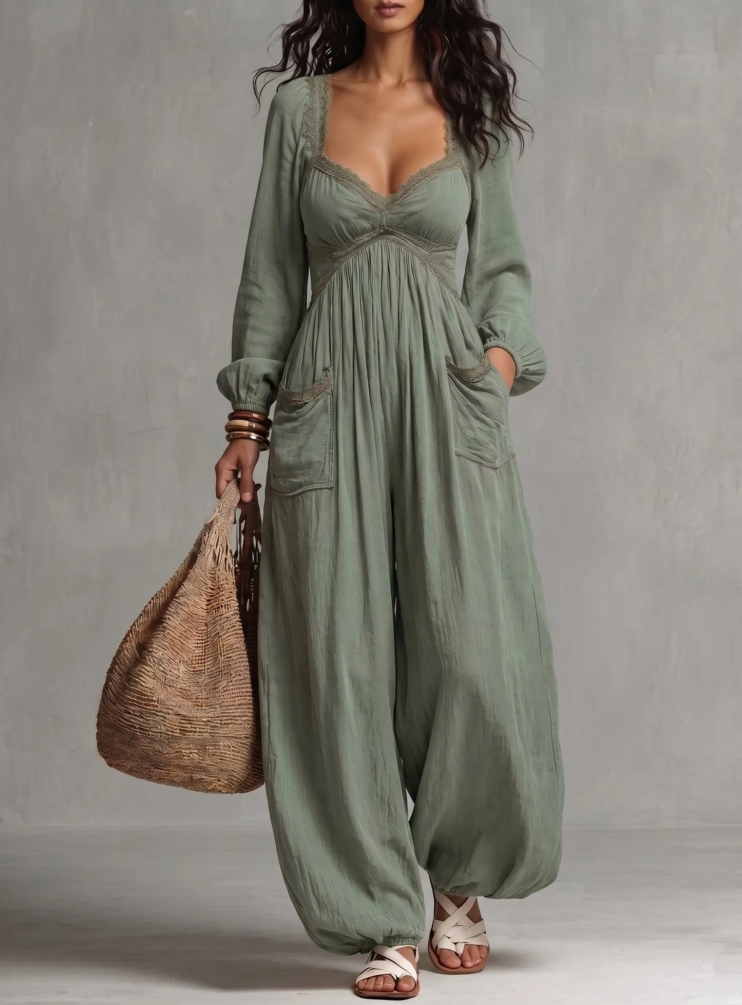 Sage Green Lace Trim Square Neck Cinched Waist Balloon Jumpsuit
