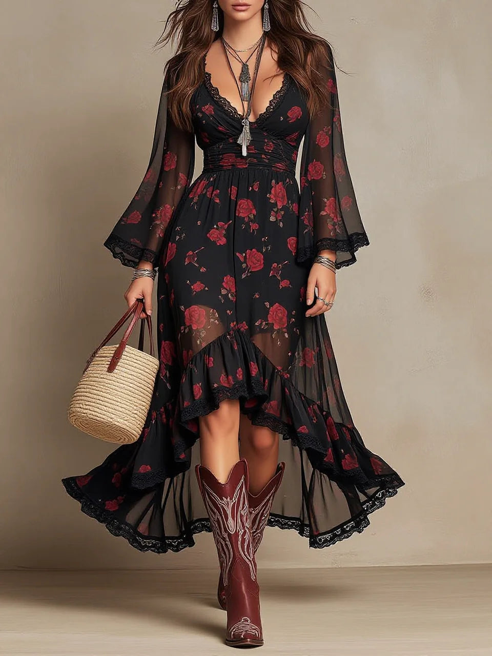 Black Red Rose Print Lace Trim Sheer High-Low Maxi Dress