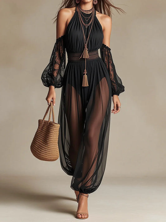 Black Halter Off-Shoulder Lace Sheer Jumpsuit
