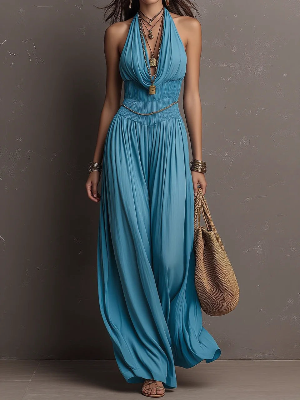 Lake Blue Halter Deep V Smocked Waist Wide-Leg Jumpsuit