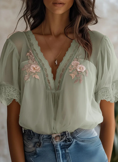 Boho Delicate Lace Floral Embroidered Chiffon Blouse