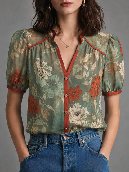 Vintage Botanical Puff Sleeve Blouse