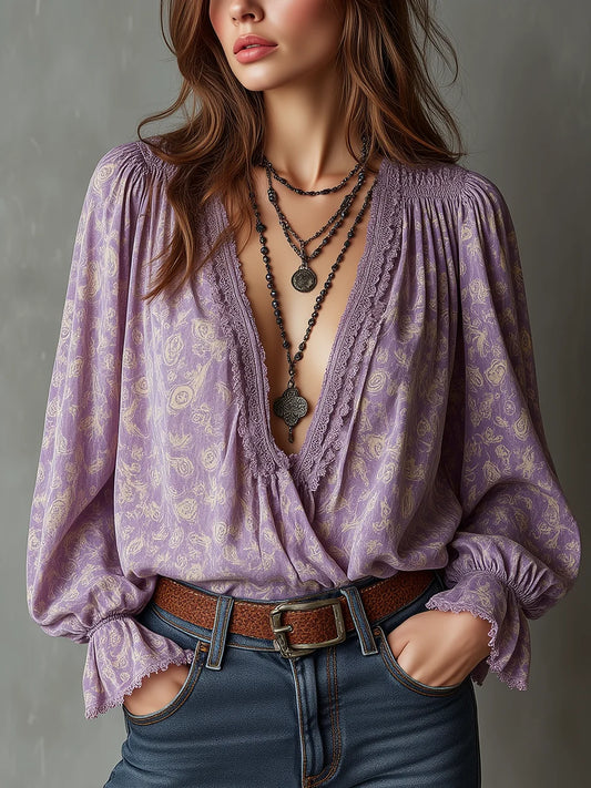 Light Purple Paisley Print Lace V-Neck Puff Sleeve Blouse