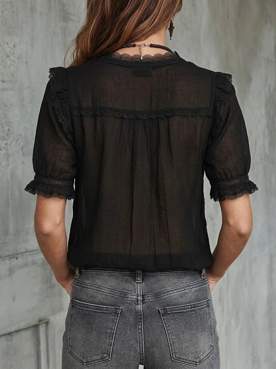Black Lace Ruffle V Neck Semi Sheer Crinkle Chiffon Short Puff Sleeve Blouse, Boho Vintage Button Front Casual Top