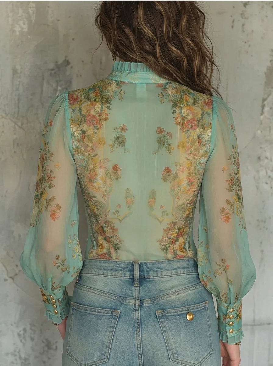 Mint Green Vintage Floral Print Sheer Chiffon Zip Front Blouse, Ruffle Stand Collar Puff Long Sleeve Slim Fitted Top