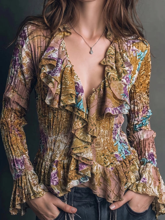 Vintage Floral Paisley Ruffle V Neck Shirred Long Flare Sleeve Peplum Blouse, Boho Crinkle Chiffon Printed Top