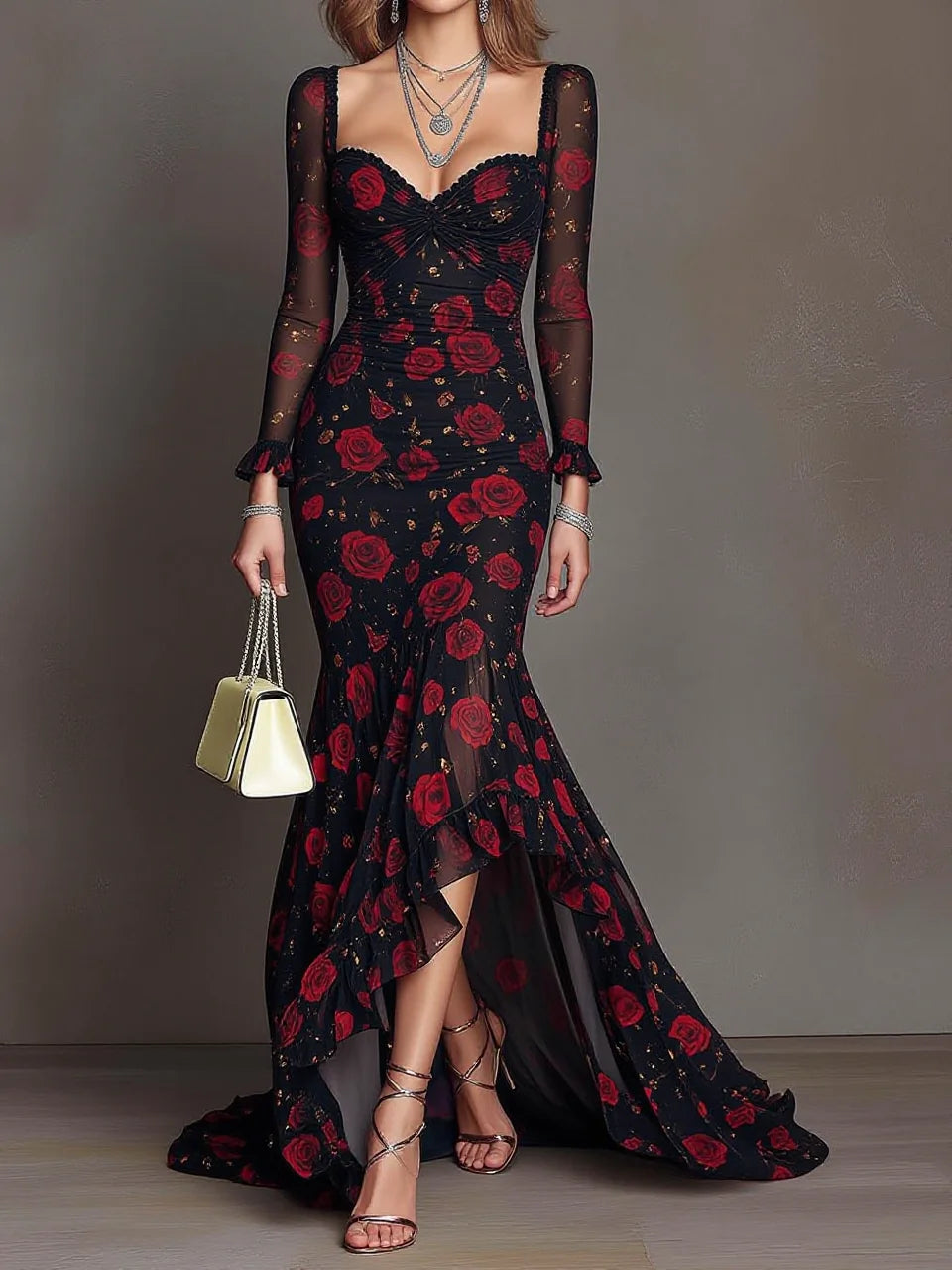 Black Red Rose Print Mesh Square Neck High-Low Mermaid Gown