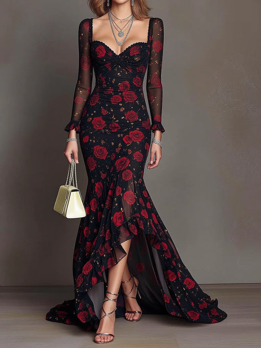 Black Red Rose Print Mesh Square Neck High-Low Mermaid Gown