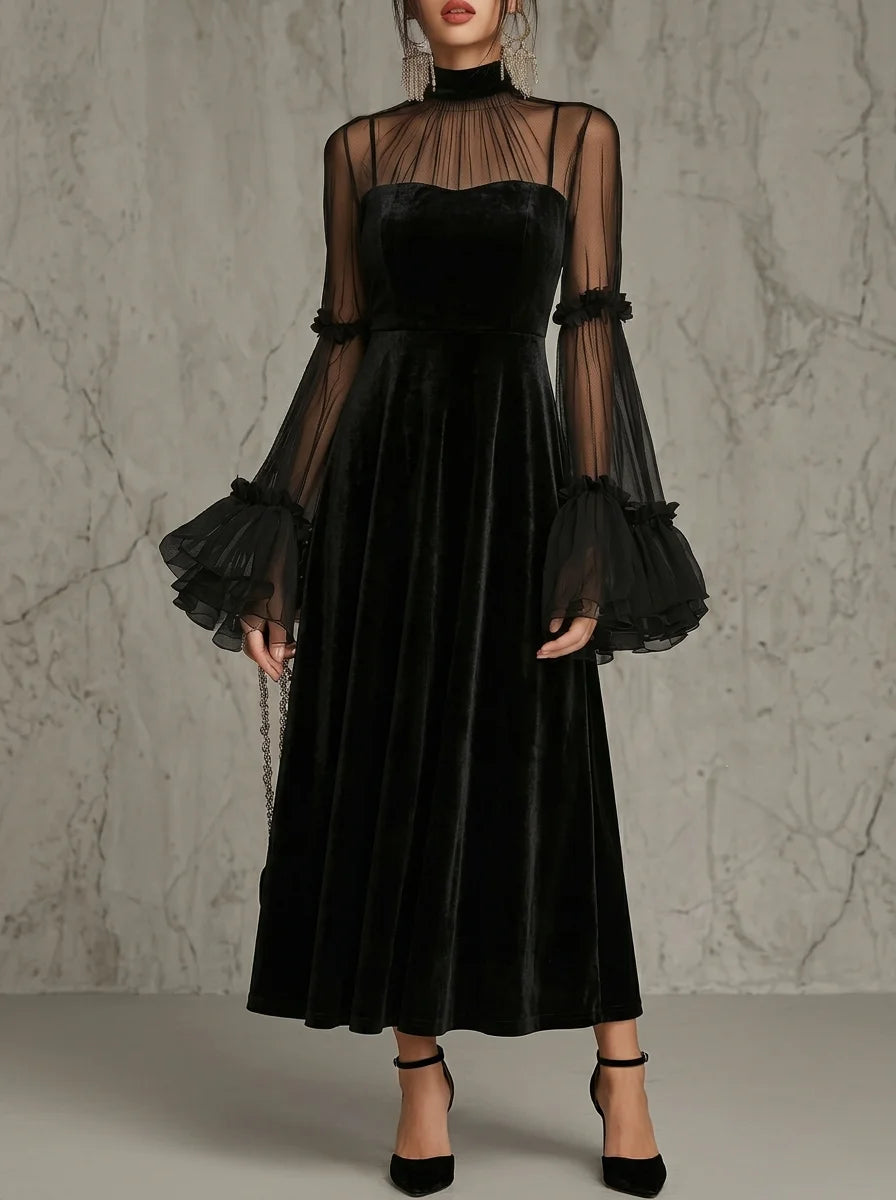 Black Velvet Midi Dress with Sheer Mesh Ruffle Bell Sleeve, High Neck Sweetheart Flowy Evening Dress