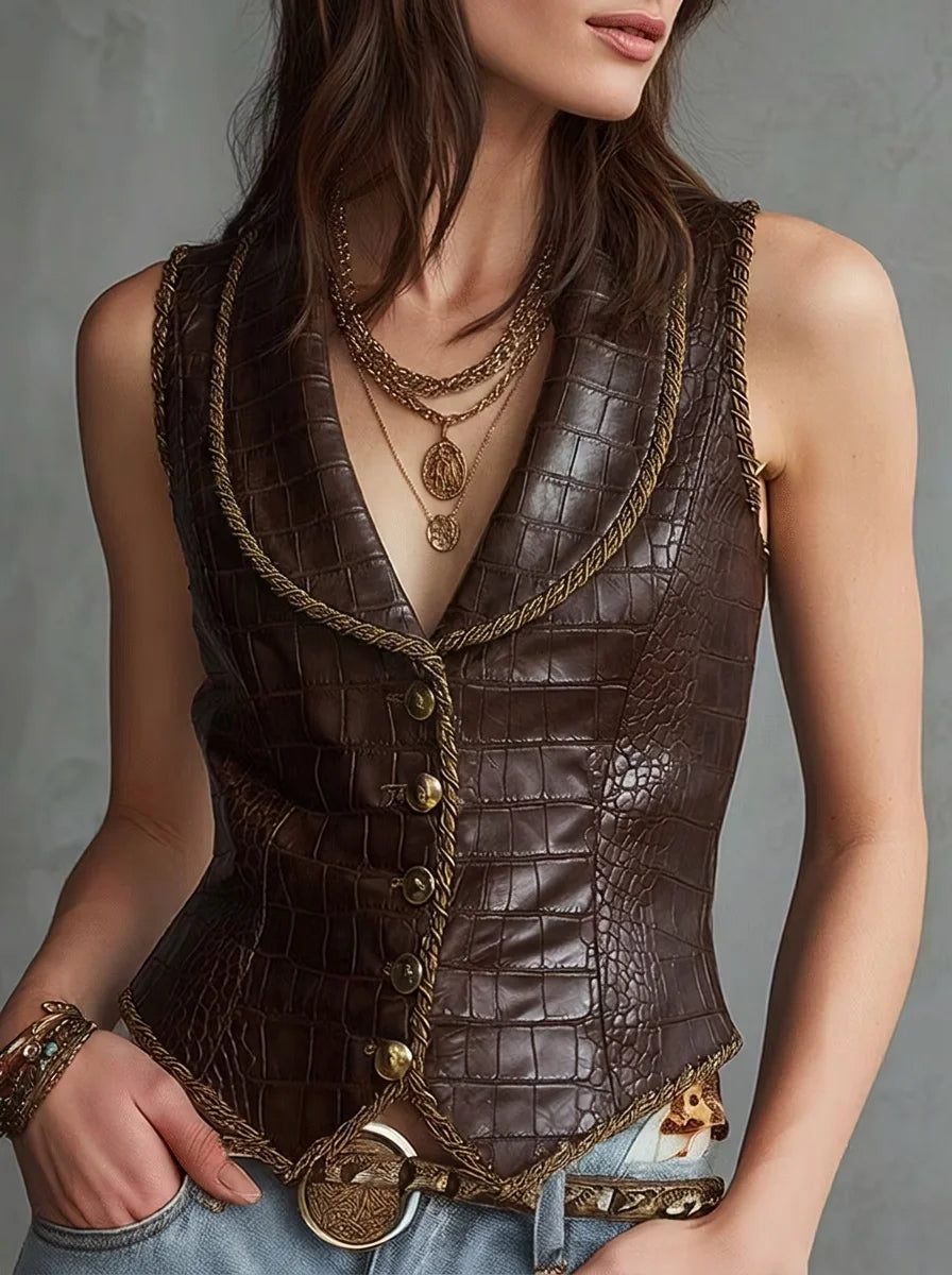 Dark Brown Croc Embossed Faux Leather Vest with Gold Braided Trim, Western Lapel Button Front Adjustable Back Buckle Slim Waistcoat