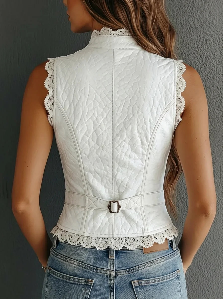 White Quilted Faux Lace Trim Faux Leather Sleeveless Vest, Stand Collar Button Front Slim Cropped Waistcoat