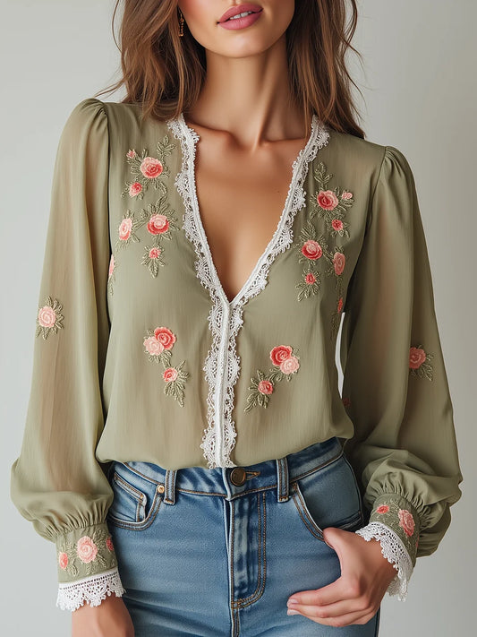 Lace Trim V Neck 3D Floral Embroidery Puff Sleeve Sheer Chiffon Blouse