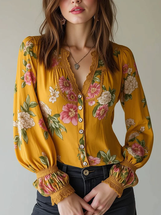 Mustard Yellow Floral Print Lace V-Neck Puff Sleeve Blouse
