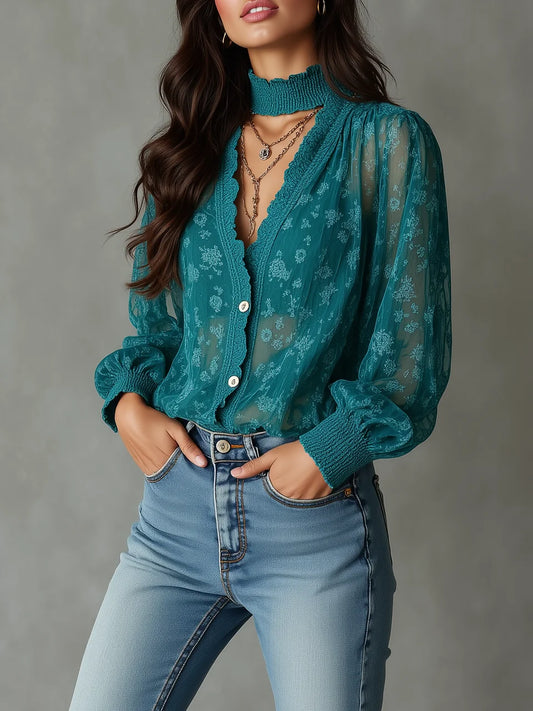 Peacock Green Floral Flocked Halter High Neck Sheer Lace Blouse