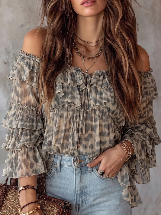 Tie Dye Leopard Off Shoulder Ruffle Tiered Long Sleeve Blouse, Crinkle Chiffon Boho Casual Top