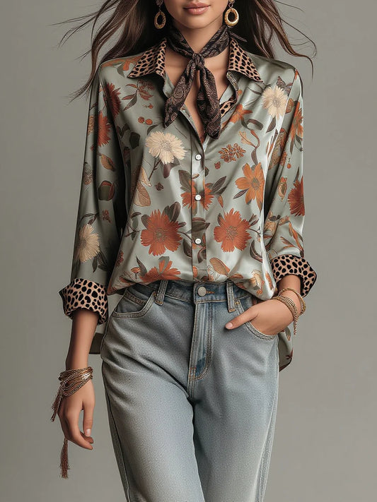 Sage Green Floral Print Leopard Patchwork Satin Long Sleeve Shirt