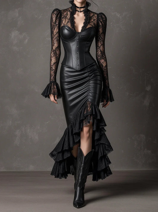 Black Lace Spliced Leather Corset Asymmetric Mermaid Skirt Set