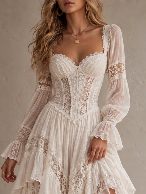 Lace Corset-Style High-Low Ruffle Dress