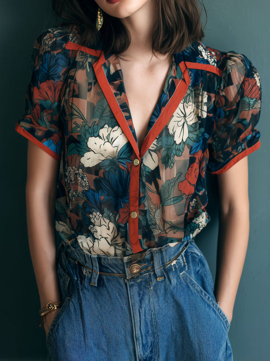Vintage sheer floral blouse with contrast trim in Red — bohemian women's top