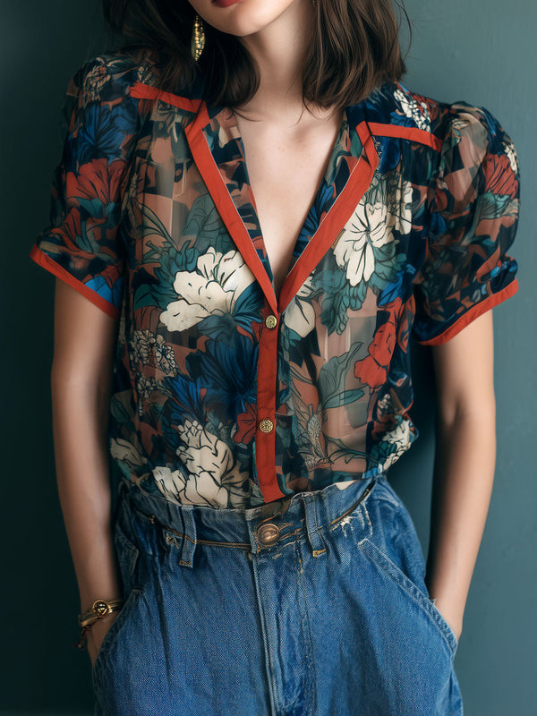 Vintage sheer floral blouse with contrast trim in Red — bohemian women's top