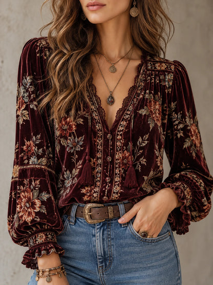 Floral Velvet-Look Tassel Blouse