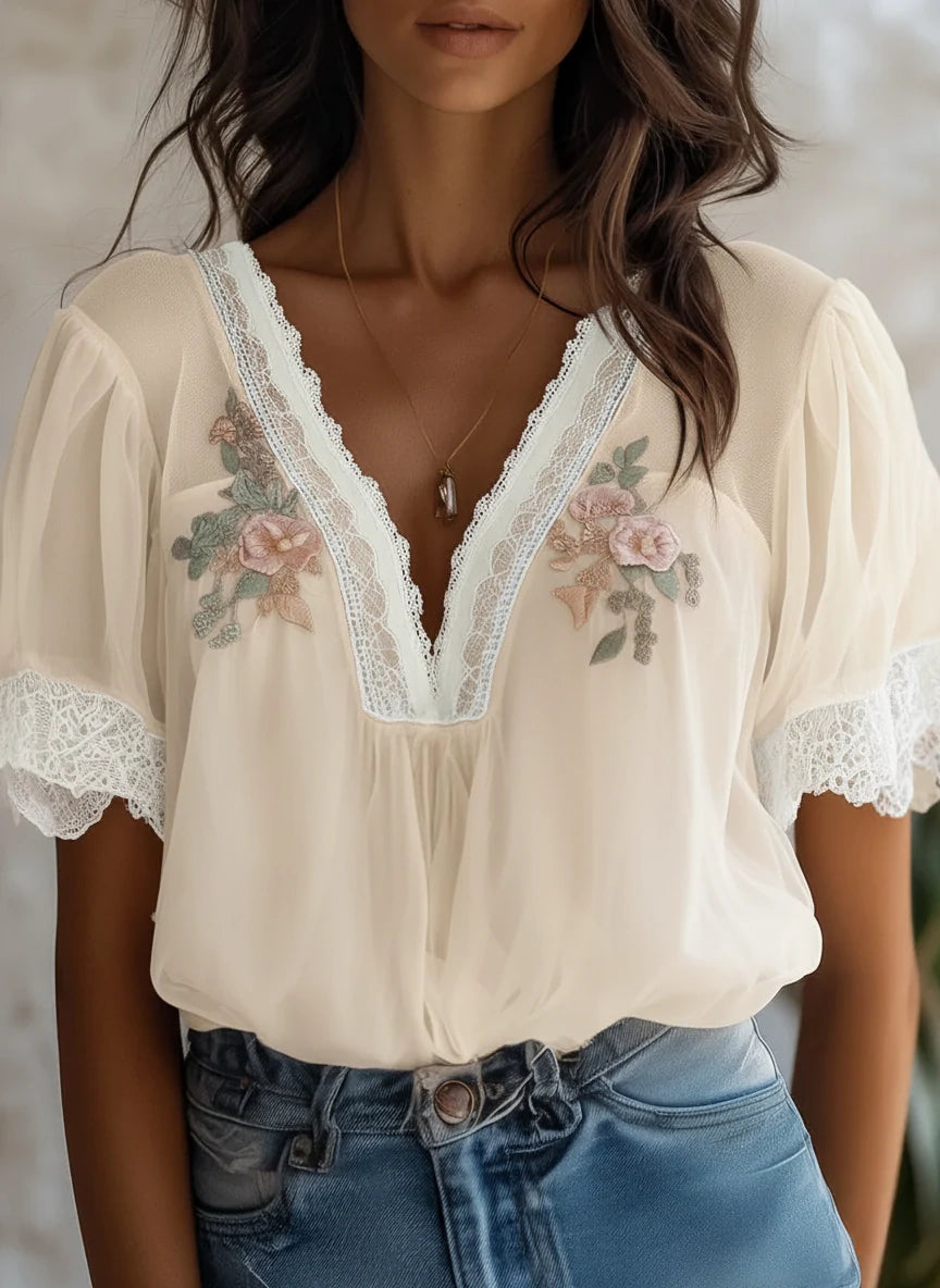 Boho Delicate Floral Embroidered Chiffon Blouse