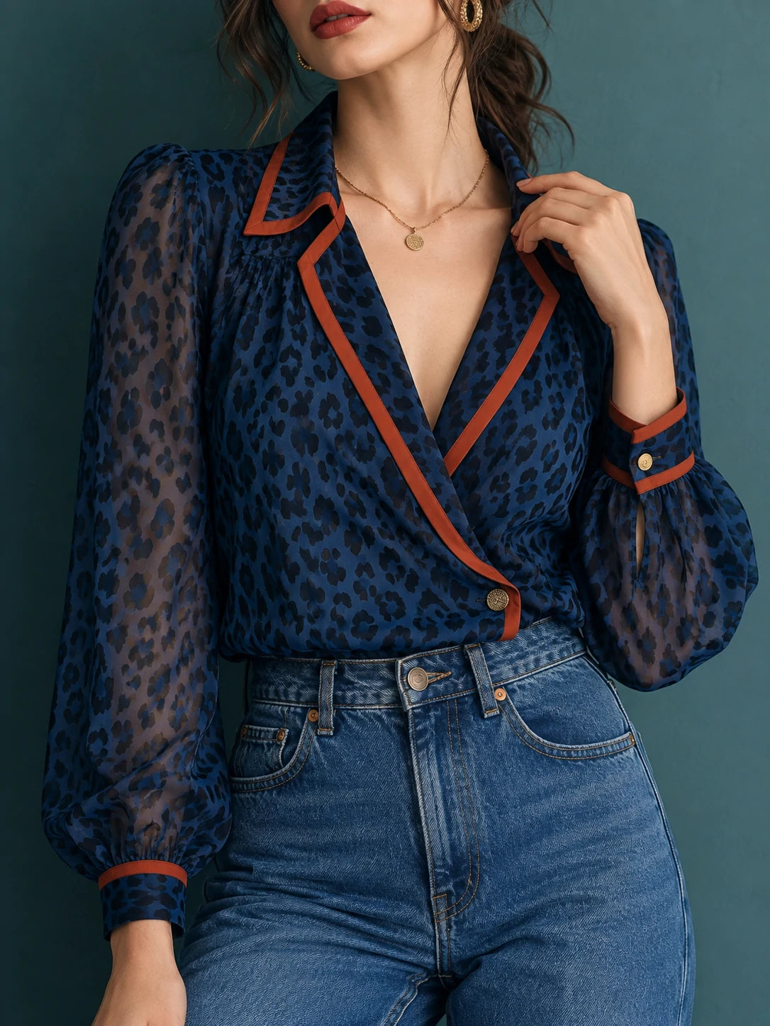 Contrast-Trim Leopard Wrap Blouse