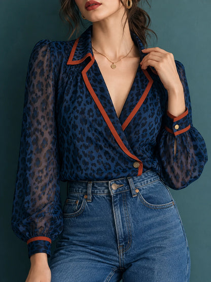 Contrast-Trim Leopard Wrap Blouse