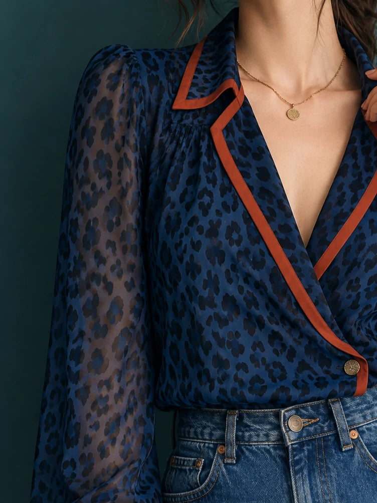 Contrast-Trim Leopard Wrap Blouse