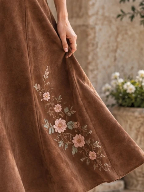 Floral Suede-Look A-Line Midi Skirt