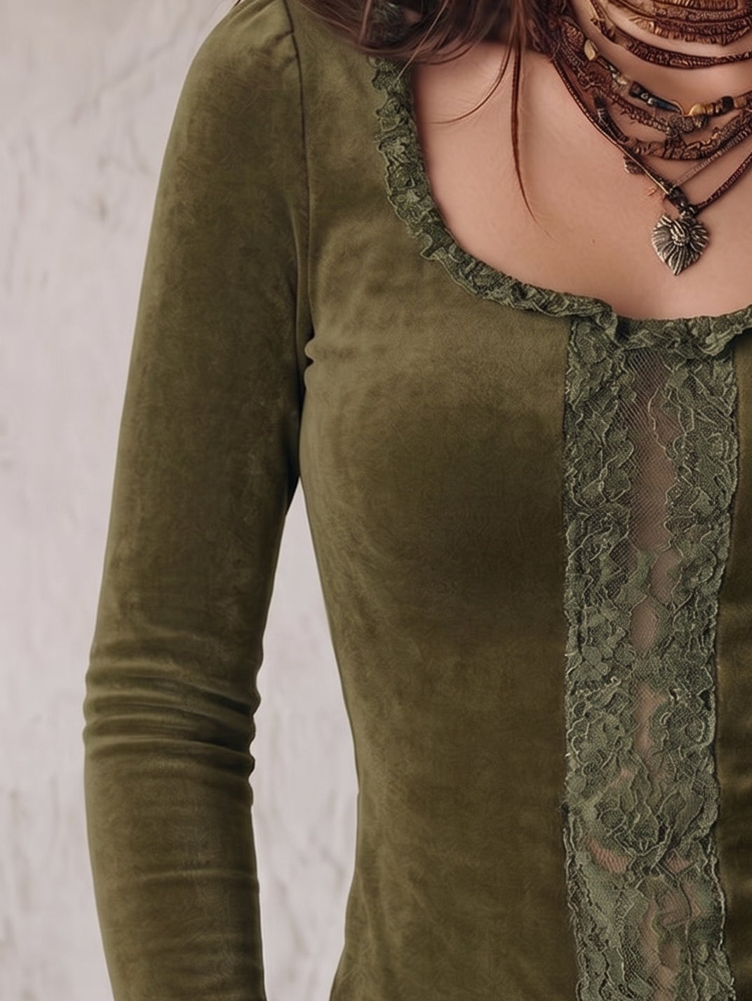 Olive Green Velvet Lace Insert Long Sleeve Top