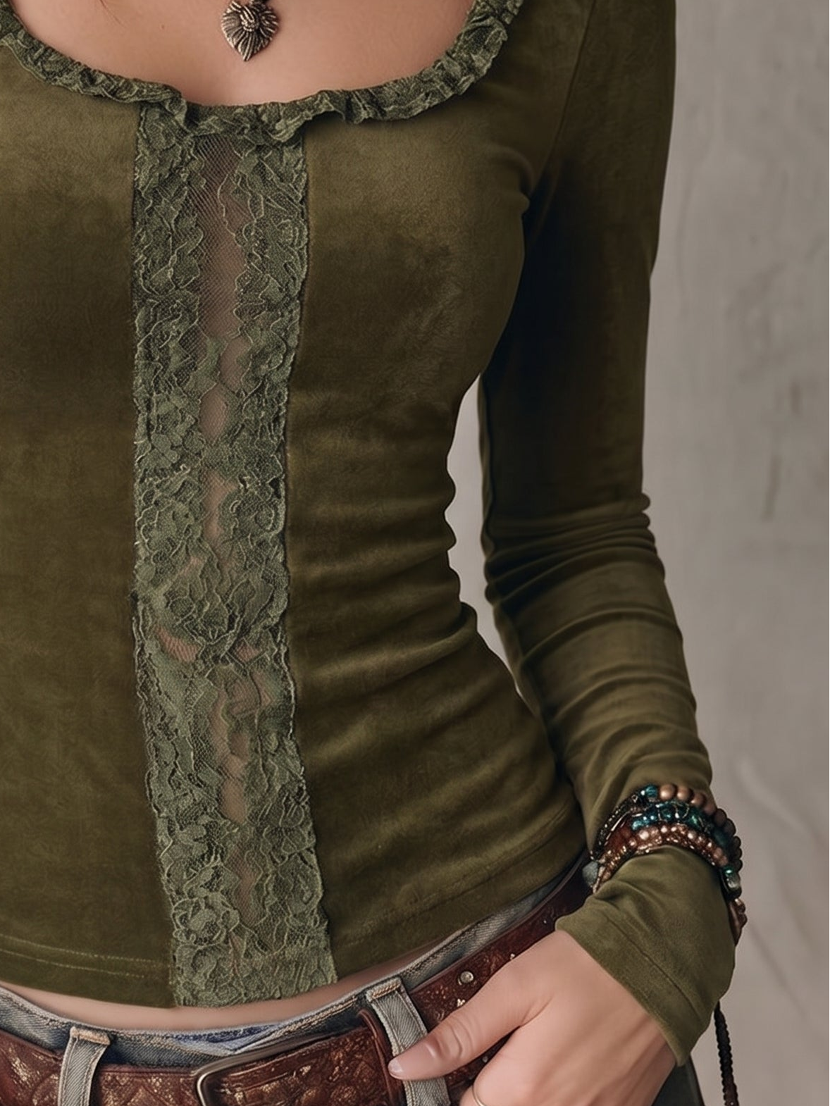 Olive Green Velvet Lace Insert Long Sleeve Top
