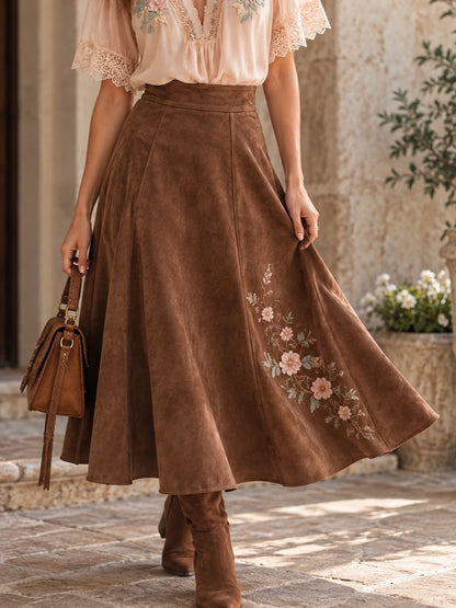 Floral Suede-Look A-Line Midi Skirt