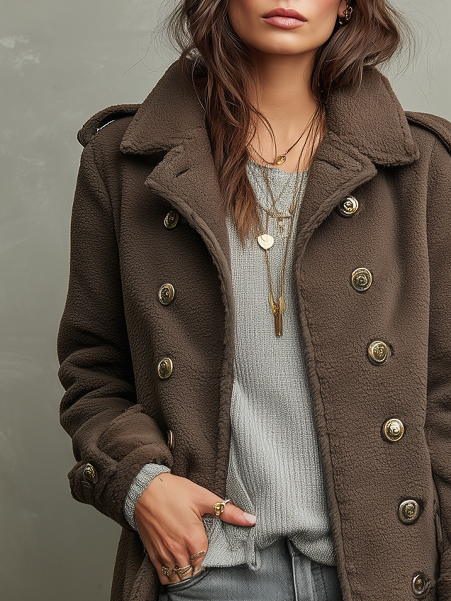 Vintage Teddy Polyester Fleece Military Style Coat