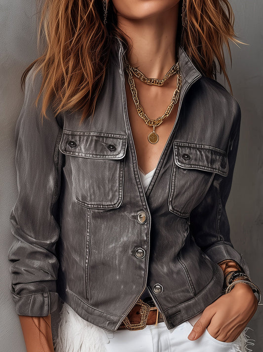 Western Moto Charcoal Gray Washed Denim Utility Jacket