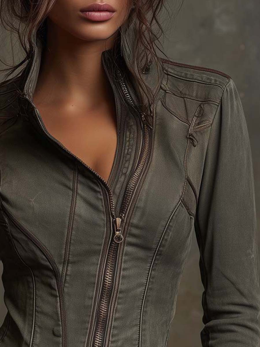 Vintage Washed Denim Fitted Jacket – Smoky Olive