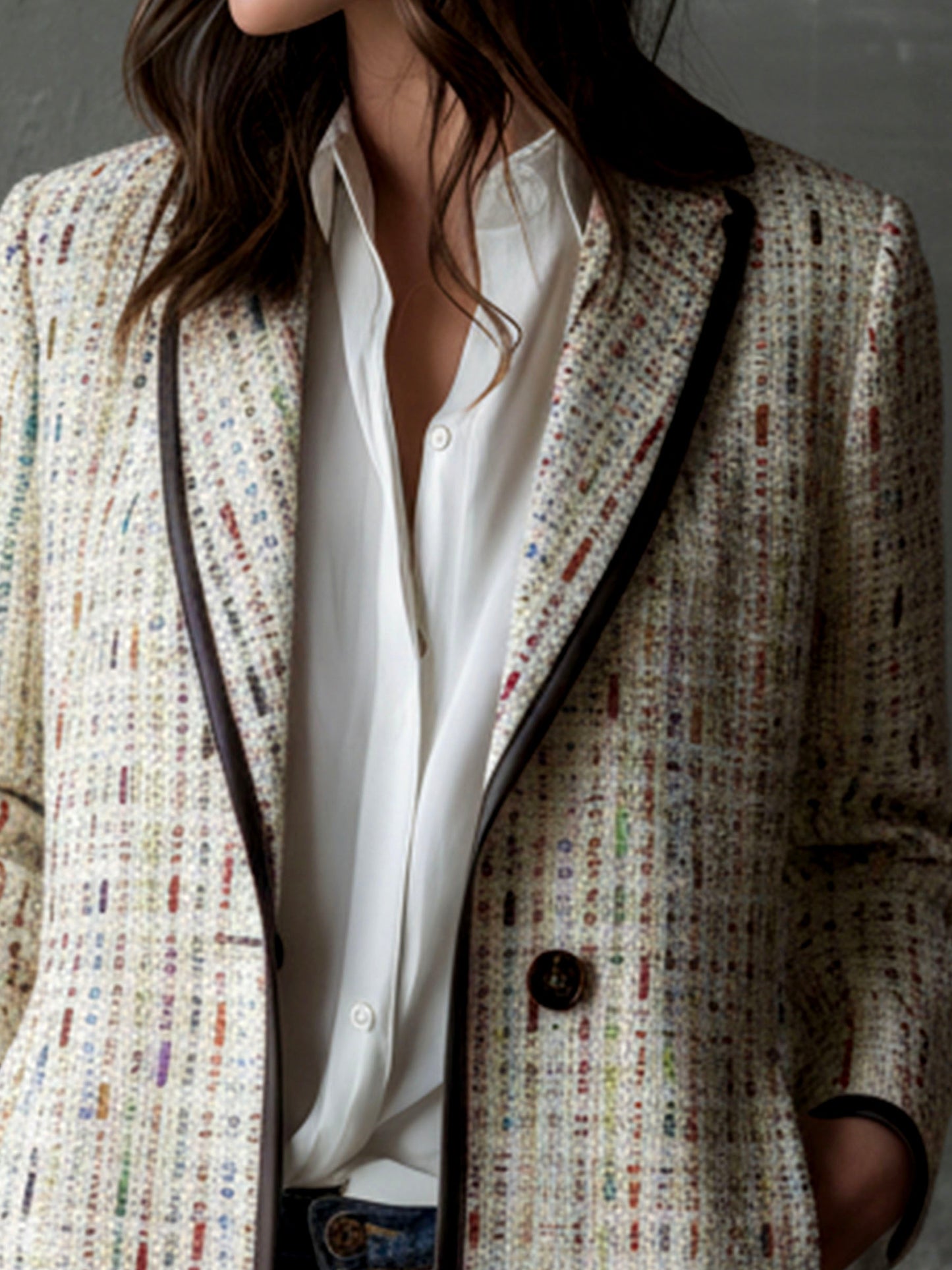 Elegant Cream Multicolor Tweed Structured Long Blazer With Contrast Trim
