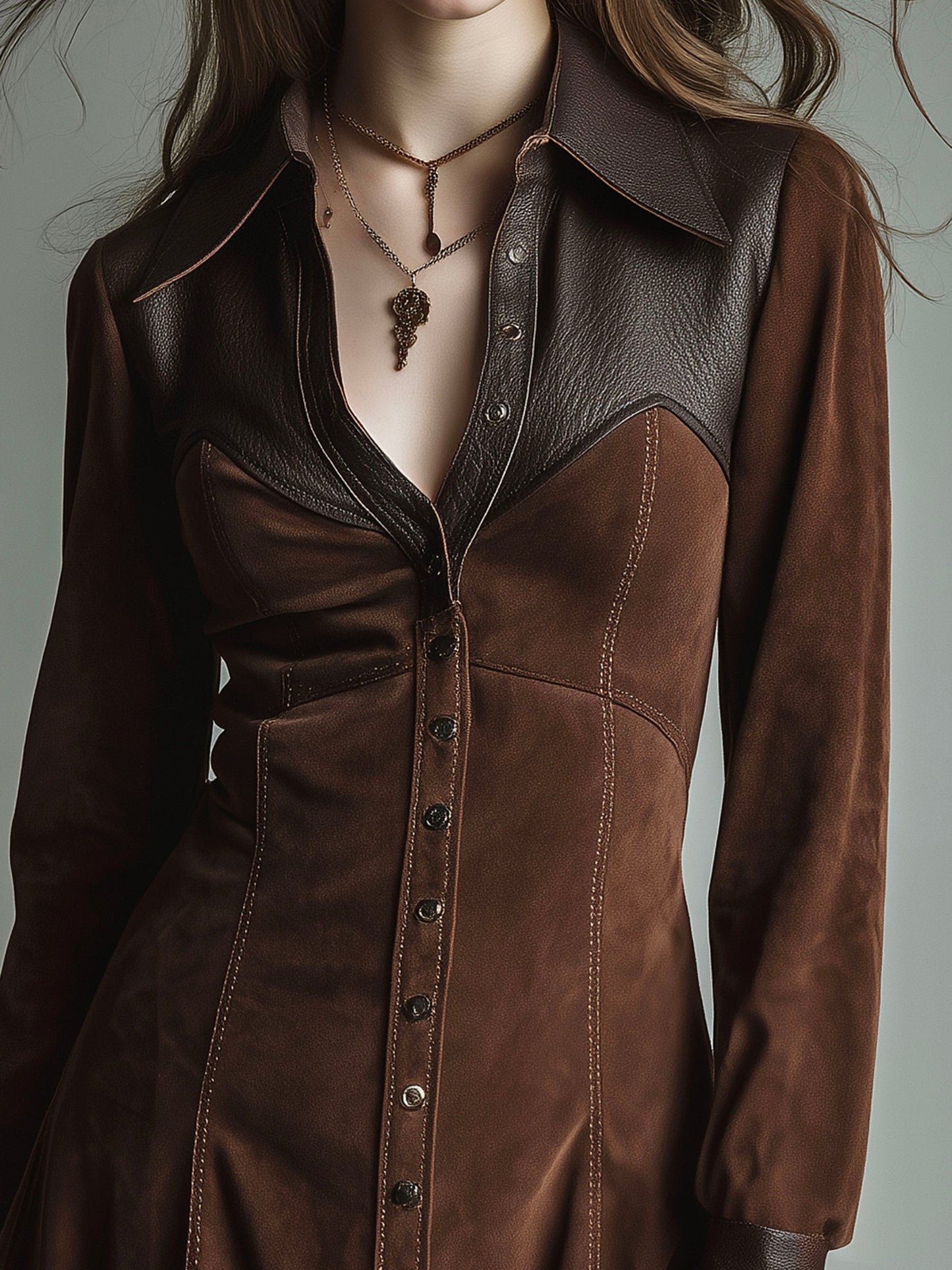 Vintage Western-Inspired Microsuede Mini Dress With Leather Details