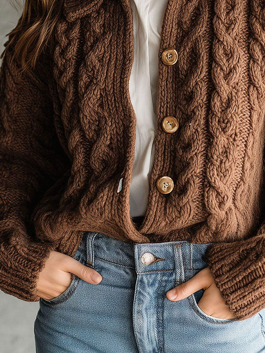 Retro Brown  Chunky Cable Knit Cardigan With Collar