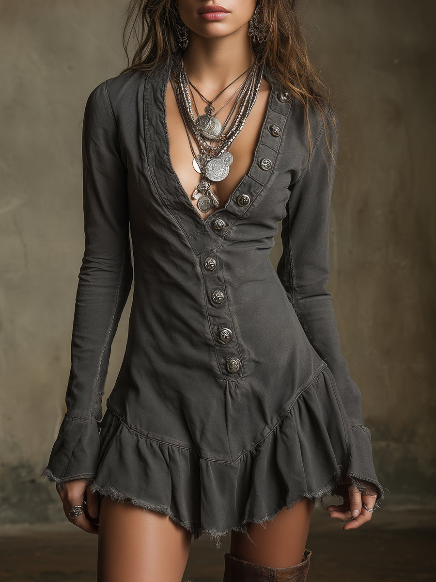 Bohemian Washed Ruffled Sleeves Raw Edge Mini Dress