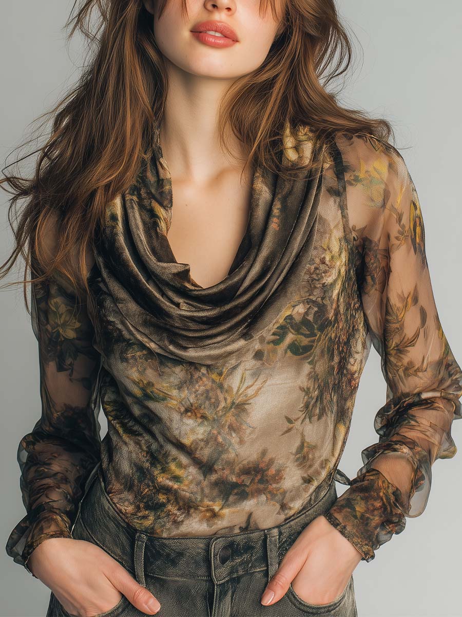Sheer Floral Mesh Cowl-Neck Blouse With Soft Draping And Ruffled Sleeves