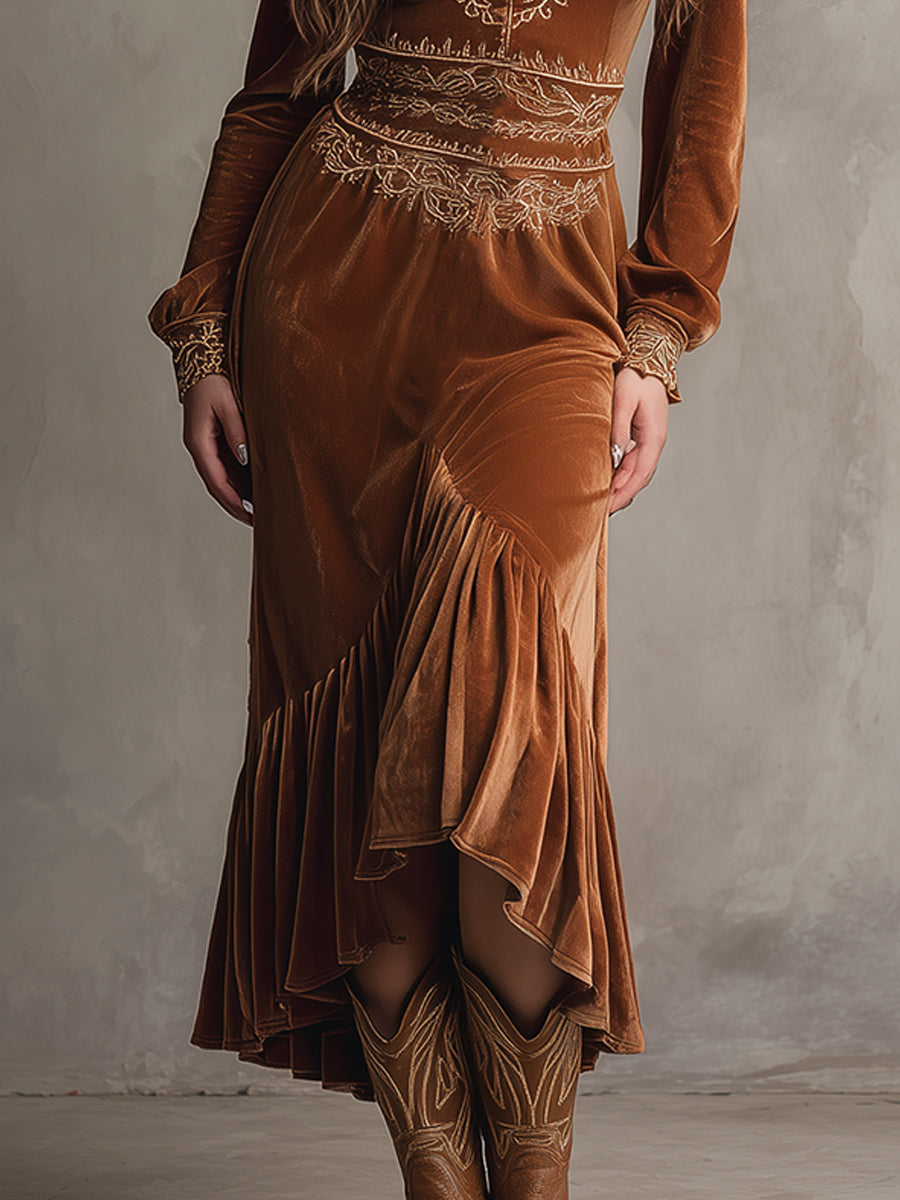 Retro Embroidered Ruffle Hem Velvet Midi Dress