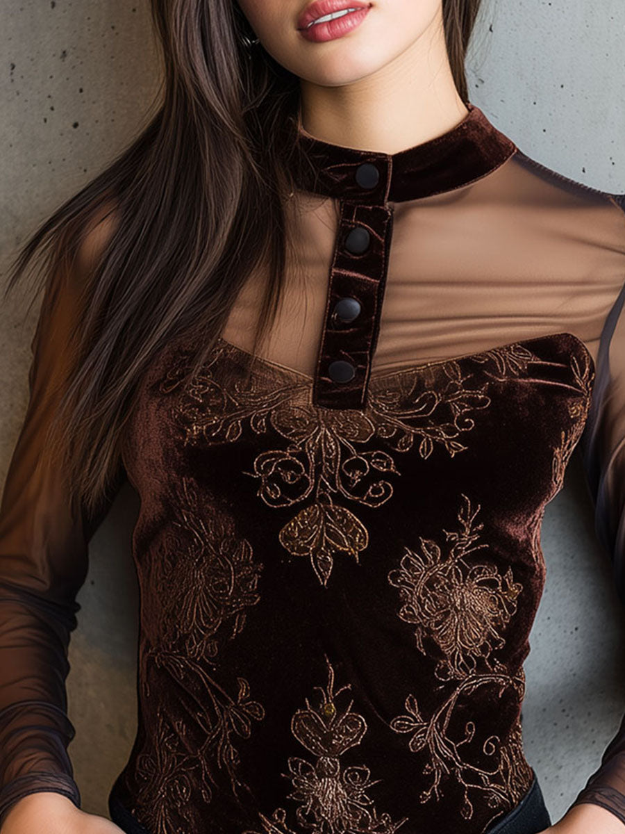 Embroidered Baroque Chocolate Velvet Top With Sheer Mesh Sleeves