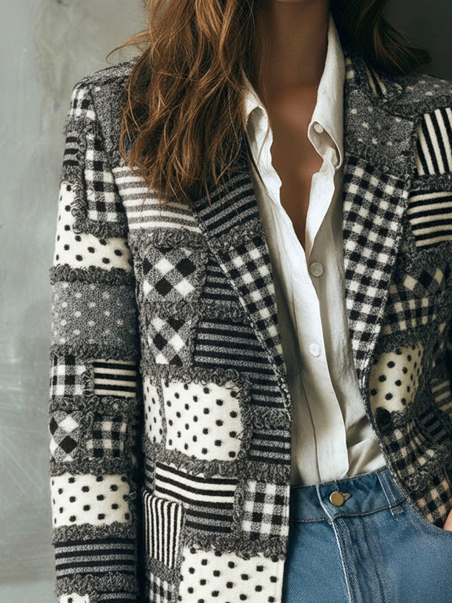 Vintage Plaid And Polka Dot Pattern Patchwork Wool Blazer