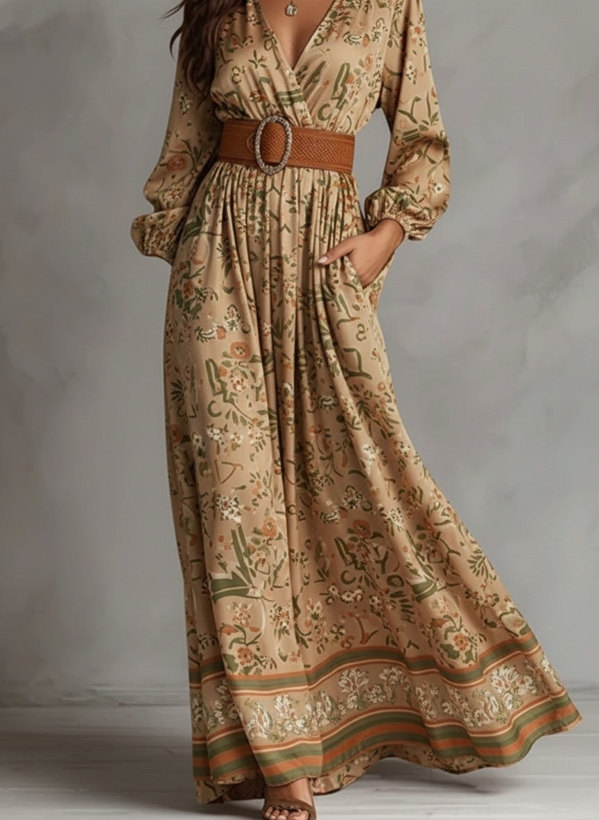 Boho Floral Print V-Neck Maxi Dress