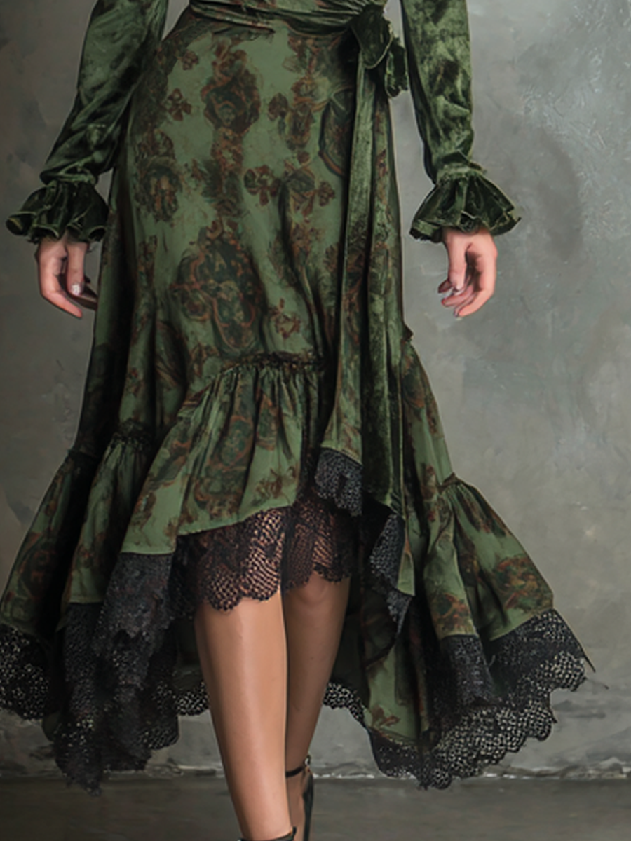 Vintage Lace Trim Polyester Velvet Satin Midi Dress