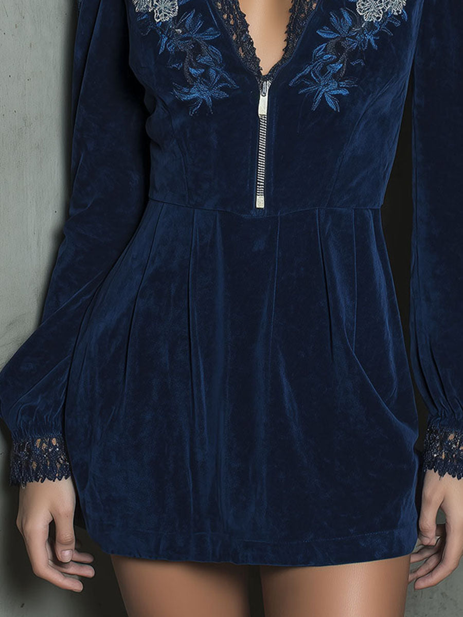 Boho Navy Velvet Embroidered Lace Trim & Zip-Front Mini Dress