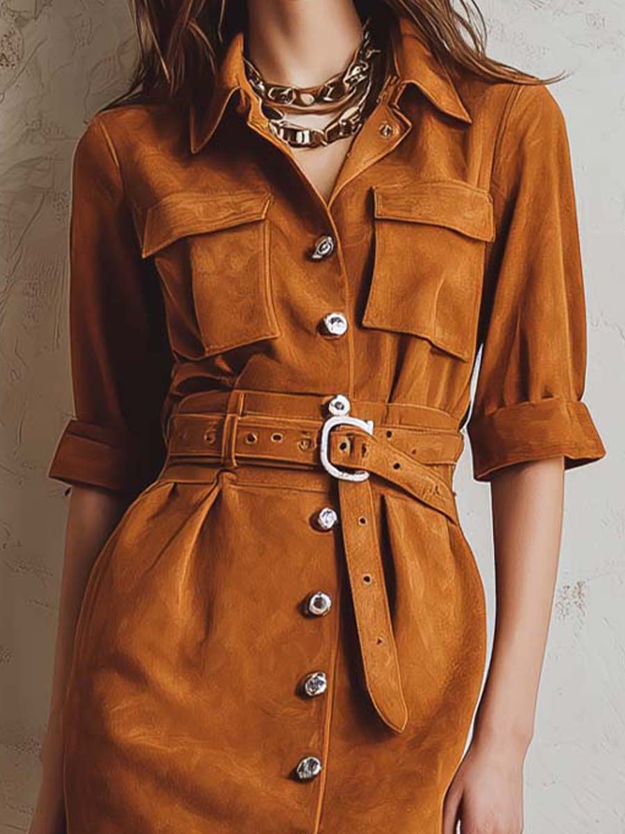 Vintage Caramel Front Button Microfiber Waist Suede Dress