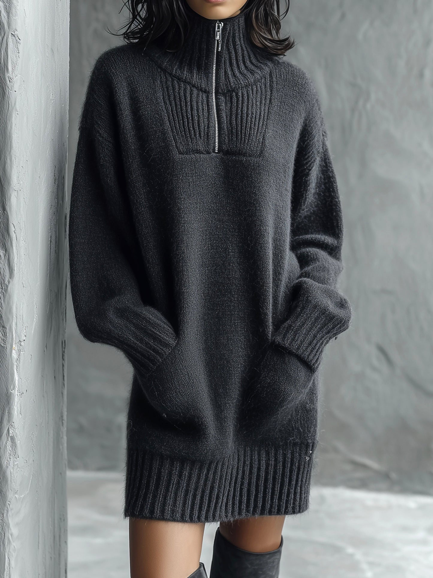 Chic Half-Zip High Neck Sweater Dress With Ribbed Trim