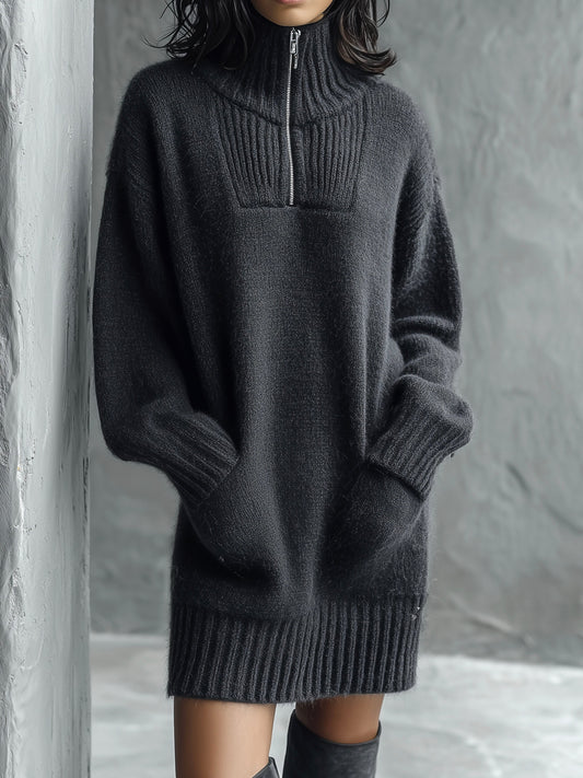 Chic Half-Zip High Neck Sweater Dress With Ribbed Trim